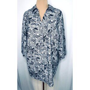 Foxcroft Faith Layered Leaves Button-Up Blouse Top 18W Black White Wrinkle-Free